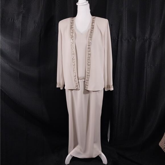 R & M RICHARDS! CHAMPAGNE BEIGE/TAN SILVER & GOLD BEADED 2 PC DRESS SET! SZ 10P - Picture 2 of 14
